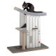 Ein moderner Katzenbaum mit einer schwarzen Katze, die auf einer geschwungenen oberen Plattform sitzt, mit Kratzpfosten, Regalen und mehreren Öffnungen.