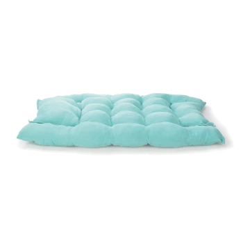 Ein plüschiges, türkisfarbenes Haustierbett mit einem gepolsterten Design, das weiche, gepolsterte Abschnitte für Komfort bietet.