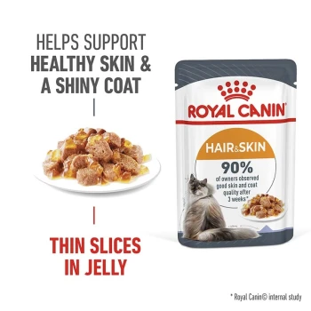 Royal Canin Hair & Skin cat food pouch with a plate of thin slices in jelly, promoting healthy skin and shiny coat; 90% satisfaction claim.
