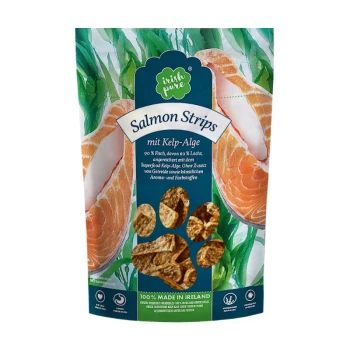 Salmon Strips mit Kelp-Alge 150 g Verpackung für Salmon Strips Haustierleckerlis in Grün und Blau, die Lachs, Algen und den Text: "90% Fisch, 60% Lachs, 100% HERGESTELLT IN IRLAND." zeigt.