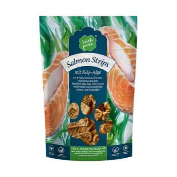 Verpackung für Salmon Strips Haustierleckerlis in Grün und Blau, die Lachs, Algen und den Text: "90% Fisch, 60% Lachs, 100% HERGESTELLT IN IRLAND." zeigt.