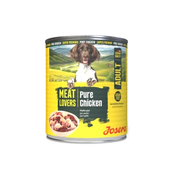 Josera Adult Hundefutterdose mit Hundefoto; gelbes Etikett mit der Aufschrift 'MEAT LOVERS | Pure Chicken', 'Grain Free', 'German Quality'.