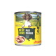 Josera Adult Hundefutterdose mit Hundefoto; gelbes Etikett mit der Aufschrift 'MEAT LOVERS | Pure Chicken', 'Grain Free', 'German Quality'.