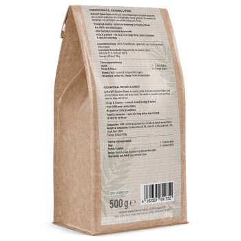 Kokosnuss-Sticks für Hunde und Pferde in einer 500g Tüte, mit Fütterungsempfehlungen und Nährwertinformationen auf der Rückseite.