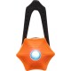 Lumière de sécurité pour animaux orange en forme d'étoile avec une LED bleue au centre, attachée à une sangle noire ajustable.