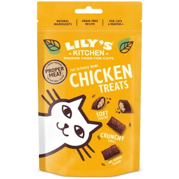 Lily's Kitchen Chicken Treats for cats, with a playful cat illustration and text: "Soft Centre," "Crunchy Shell," "No Added Sugar."