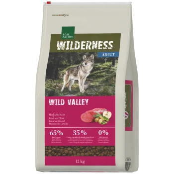 Real Nature Wilderness Adult Hundefutterbeutel, 'Wild Valley' — Wolfsbild, 65%/35%/0%, 12 kg.