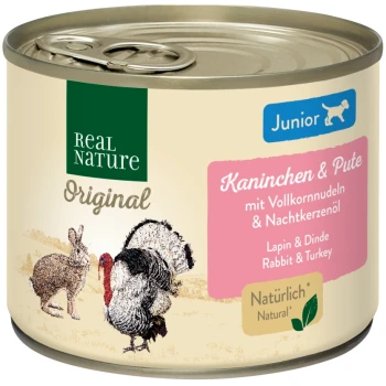 Dose mit Tierfutter, beschriftet mit "Real Nature Original Junior", mit Kaninchen und Truthahn, mit Illustrationen eines Kaninchens und eines Truthahns auf dem Etikett.