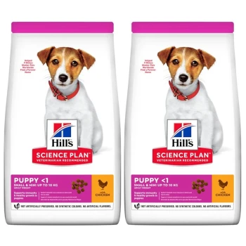 Zwei Beutel Hill's Science Plan Welpenfutter für kleine Hunde unter 10 kg, Hühnergeschmack, fördert Immunität und gesundes Wachstum.