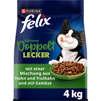 Purina Felix Katzenfutterbeutel mit lächelnder schwarz-weißer Katze und Futternapf; Aufschrift „Doppelt Lecker“ und „mit einer Mischung aus Huhn und Truthahn“, 4 kg.