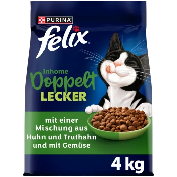 Purina Felix Katzenfutterbeutel mit lächelnder schwarz-weißer Katze und Futternapf; Aufschrift „Doppelt Lecker“ und „mit einer Mischung aus Huhn und Truthahn“, 4 kg.