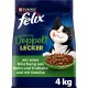 Purina Felix Katzenfutterbeutel mit lächelnder schwarz-weißer Katze und Futternapf; Aufschrift „Doppelt Lecker“ und „mit einer Mischung aus Huhn und Truthahn“, 4 kg.