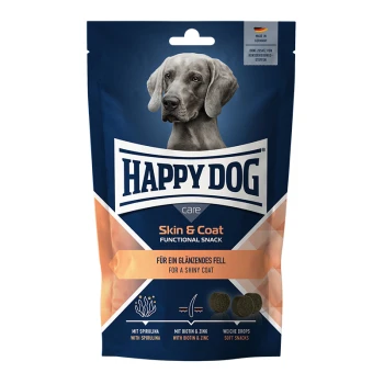 Care Snack Skin & Coat 2x100 g Die Verpackung des Happy Dog Skin & Coat Snacks zeigt einen grauen Hund und betont die Vorteile für ein glänzendes Fell sowie Zutaten wie Spirulina und Biotin.