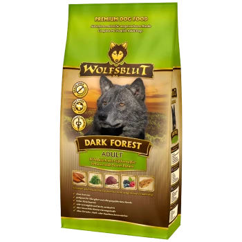 Premium-Hundefutterbeutel mit der Aufschrift 'WOLFSBLUT DARK FOREST ADULT', mit einem Wolf-Bild, und Text, der auf Wild- und Süßkartoffel-Zutaten hinweist.