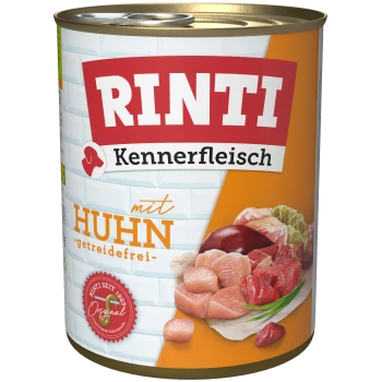 Rinti Kennerfleisch blikvoer voor honden met kip, gelabeld 'mit Huhn' en 'getreidefrei', met verschillende vleessoorten weergegeven aan de voorkant.