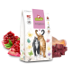 Eine Tüte GranataPet DeliCATessen Katzenfutter mit einer verspielten Illustration einer schwarz-orangefarbenen Katze, umgeben von Granatapfel- und Fleischstücken.