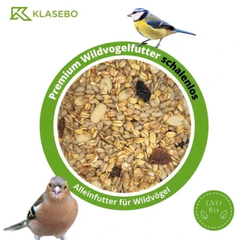 20 kg Premium Wildvogelfutter, Streufutte, Fettfutter schalenlos Premium Wildvogelfutter ohne Schalen, mit einer Mischung aus Samen und Getreide, mit dem Hinweis "GVO frei" und "Alleinfutter für Wildvögel."