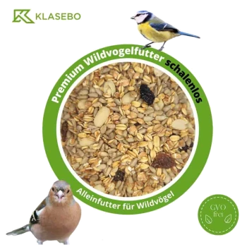 Premium Wildvogelfutter ohne Schalen, mit einer Mischung aus Samen und Getreide, mit dem Hinweis "GVO frei" und "Alleinfutter für Wildvögel."