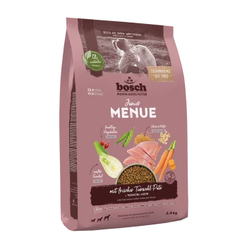 Bosch Junior Menue Hundefutterbeutel, 2,4 kg, mit Truthahn, Huhn, Fenchel, Karotten; 22,5% Protein, 13,0% Fett.