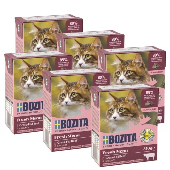 Häppchen in Gelee 6x370g Rinderhack Fünf Schachteln Bozita Fresh Menu Katzenfutter, mit grasgefüttertem Rindfleisch, mit 89% Zutaten tierischen Ursprungs, in Gelee, jeweils 370g.