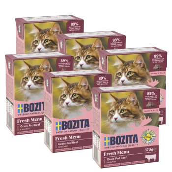 Fünf Schachteln Bozita Fresh Menu Katzenfutter, mit grasgefüttertem Rindfleisch, mit 89% Zutaten tierischen Ursprungs, in Gelee, jeweils 370g.