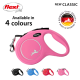 Pink flexi retractable dog leash with a silver logo, labeled "NEW CLASSIC," available in 4 colors, with black, blue, and red options shown below.