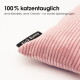 Rosa, geripptes Katzenspielkissen mit "Kick Bunny"-Etikett; oben stehender Text: "100% katzentauglich" und ein deutscher Sicherheits-/Spiel-Slogan.