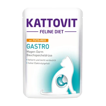 Feline Diet Nassfutter Katze Gastro Adult Pute und Reis 24x85 g Kattovit Feline Diet Gastro Katzenfutterbeutel mit einer Katzen-Silhouette, mit Truthahn und Reis für die Verdauungsgesundheit.