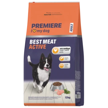 Premiere I love my dog Adult Best Meat Active Hundefutterbeutel mit 44 % Geflügel, 17 % Fett und einem Border-Collie-Bild, 12 kg.