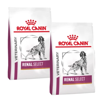 Deux sacs de nourriture pour chiens Royal Canin Veterinary Renal Select, avec une silhouette de chien et le logo de la marque affiché en évidence.