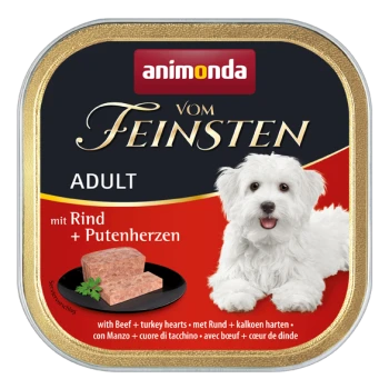 Dose mit Nassfutter für Hunde mit einem weißen Hund auf der Vorderseite, beschriftet mit "animonda vom Feinsten Adult mit Rind + Putenherzen" und einer Fleischportion.