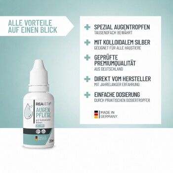 Flasche mit Augenpflege-Lösung mit der Aufschrift "REAVET AUGENPFLEGE mit kolloidalem Silber" mit aufgeführten Vorteilen, einschließlich effektiver Linderung bei Bindehautentzündung.