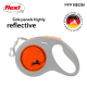 A gray and orange retractable dog leash with reflective panels and "NEW NEON" and "MADE IN GERMANY" labels.