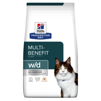 Prescription Diet w/d Digestive/Weight Management 3kg Hill's Prescription Diet Multi-Benefit w/d Katzenfutterbeutel mit einer braun-weißen Katze auf der Vorderseite, beschriftet mit "Vom Tierarzt empfohlen."