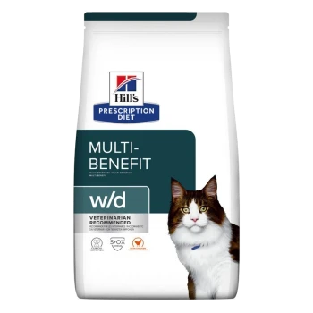 Hill's Prescription Diet Multi-Benefit w/d Katzenfutterbeutel mit einer braun-weißen Katze auf der Vorderseite, beschriftet mit "Vom Tierarzt empfohlen."