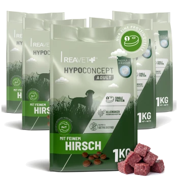 REAVET Hypoconcept Hundefutterbeutel mit Aufschrift 'Mit feinem Hirsch' 1 kg, Single-Protein, mit Kroketten und rohen Hirschwürfeln.