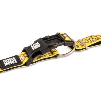 Gelbes Haustierhalsband mit Affenmuster, schwarzer Kunststoffschnalle mit Aufschrift "Max & Molly" und Metall-D-Ring auf weißem Hintergrund.