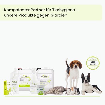 Haustier-Hygieneprodukte gegen Giardia von Vipibax mit Beagle, Französischer Bulldogge, Katze und Kleintieren, laborgeprüfte Qualität.