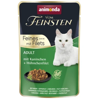 Animonda Vom Feinsten Erwachsenenkatzen-Futterbeutel mit weißer Katze; 'Feines mit Filets' und 'mit Kaninchen + Hühnchenfilet'