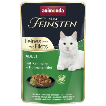Animonda Vom Feinsten Erwachsenenkatzen-Futterbeutel mit weißer Katze; 'Feines mit Filets' und 'mit Kaninchen + Hühnchenfilet'