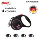 Black flexi dog leash with pink accents, labeled "Available in 4 colours," featuring a logo and "Made in Germany" badge.