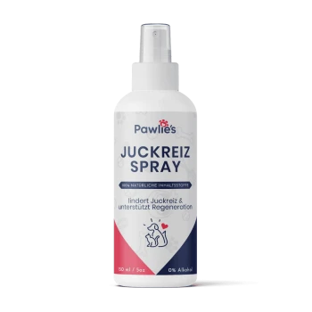 Pawlie's Juckreiz-Sprayflasche, 150 ml, beschriftet mit '100% natürliche Inhaltsstoffe', behauptet, Juckreiz zu lindern und die Regeneration zu unterstützen.
