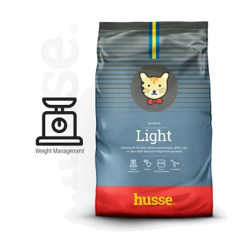 Blau-roter Husse-Katzenfuttersack mit Cartoon-Katzenlogo, bezeichnet mit "Light" und "Weight Management".