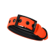 Helle orangefarbene Hundehalsband mit einer schwarzen Schnalle und Löchern zur Anpassung, mit dem Text "THE DOG IDEA."