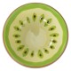 Kolorowa miska dla zwierząt zaprojektowana tak, aby przypominała kiwi, z zieloną krawędzią i żółtym wnętrzem z brązowymi nasionami.