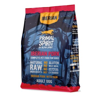 Primal Spirit Iberian Pork Adult Hundefutterbeutel, marine/rot, Aufschriften ‚IBERIAN‘, ‚PRIMAL SPIRIT‘, ‚NATURAL RAW‘