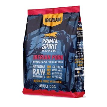 Primal Spirit Iberian Pork Adult Hundefutterbeutel, marine/rot, Aufschriften ‚IBERIAN‘, ‚PRIMAL SPIRIT‘, ‚NATURAL RAW‘