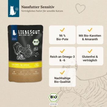 Liebesgut Nassfutter Sensitiv Beutel: Bio‑Pute Nassfutter für Katzen, 96 % Pute, glutenfrei, Omega‑3
