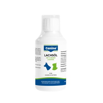 Weiße Flasche mit der Aufschrift 'Canina LACHSÖL – 100% REINES LACHSÖL' für Hunde & Katzen, blaue und grüne Silhouetten von Haustieren auf dem Etikett.