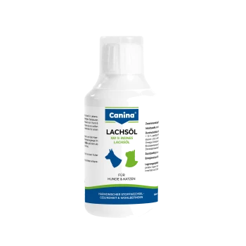 Weiße Flasche mit der Aufschrift 'Canina LACHSÖL – 100% REINES LACHSÖL' für Hunde & Katzen, blaue und grüne Silhouetten von Haustieren auf dem Etikett.